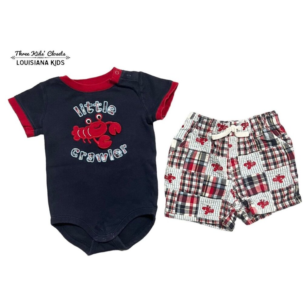 Gymboree 6-12m Lobster Appliqué Bodysuit & Madras Plaid Shorts